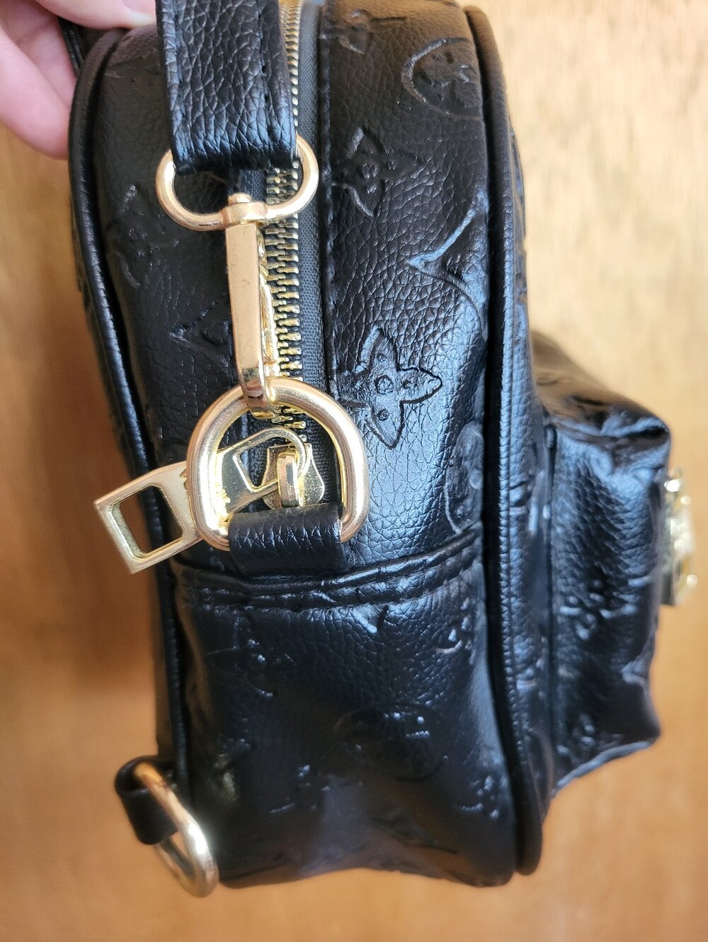 Designer Inspired Black Embossed Mini Backpack with Gold Hardware. - Picture 9 of 16